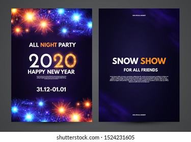 Happy new 2020 year flyer design template set with shining fireworks.