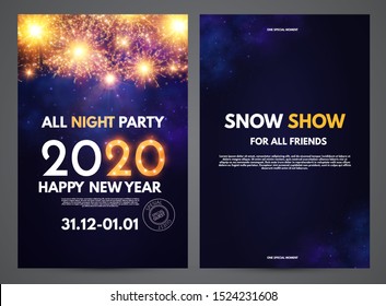 Happy new 2020 year flyer design template set with shining fireworks.