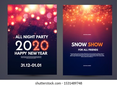 Happy new 2020 year flyer design template set with lights and bokeh effect.