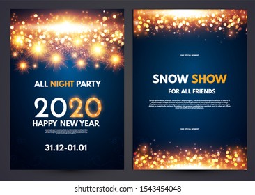 Happy new 2020 year flyer design template set with shining fireworks.