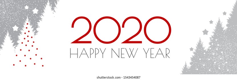 Happy new 2020 year flyer design template. Elegant white card with Christmas trees. Coniferous forest.