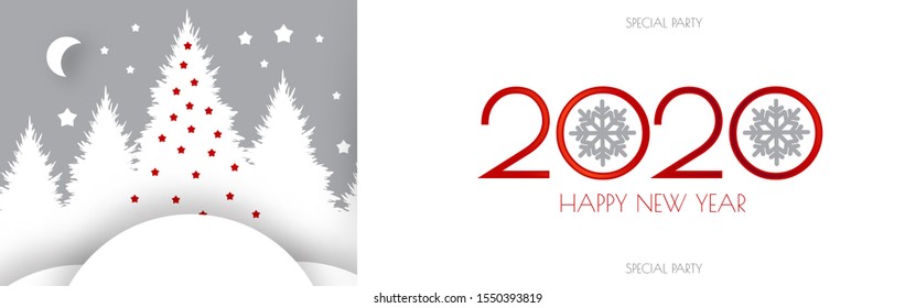 Happy new 2020 year flyer design template. Elegant white card with Christmas trees. Coniferous forest.