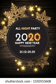 Happy new 2020 year flyer design template with elegant shining snowflakes on wood texture.