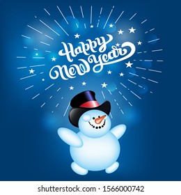 Happy new 2020 year. Fun snowman on a blue background and the lettering. Christmas card. Vector graphic