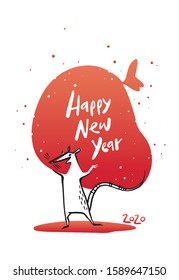 Happy new 2020 year. Funny hand drawn vector illustration. Rat the symbol of 2020 year holding big bag with presents. Lettering. 2 color print, great for silk printing, t shirts, bags, cards etc. 