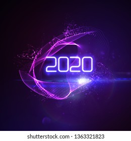 Happy New 2020 Year. Futuristic glowing neon light splash with bursting light rays and particles. Vector holiday illustration. Festive New Year 2020 party sign. Decoration element for design