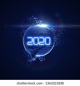 Happy New 2020 Year. Futuristic glowing neon light sphere with bursting light rays. Vector holiday illustration. Festive New Year 2020 party sign. Decoration element for design