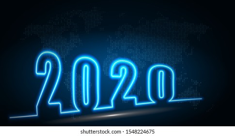 Happy New 2020 Year. Futuristic Neon Background. Technology Poster