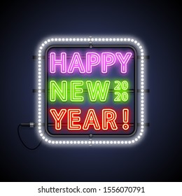 Happy new 2020 year glowing neon sign. Greeting card. Vector poster illustration for your holiday projects in retro-futuristic style.