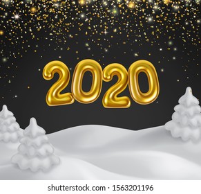 Happy New 2020 Year. Golden numbers, glittering sparkling confetti and snowy black background. Holiday vector realistic illustration.