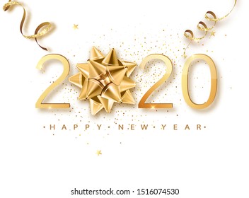 Happy New 2020 Year.  Greeting card web banner or poster with happy new year 2020 with christmas bow gold glitter confetti and shine. Luxury Vector illustration 