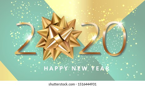 Happy New 2020 Year. Greeting card web banner or poster with happy new year 2020 with christmas bow gold glitter confetti and shine. Blue and elegant gold Luxury Vector illustration 