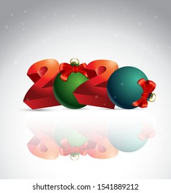 Happy New 2020. Year greeting card with Christmas ornaments. Vector illustration.
