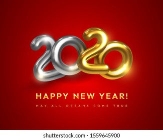 Happy New 2020 Year greeting card with text May All Dreams Come True. Holiday vector illustration of golden metallic numbers 2020. Realistic 3d gold sign. Festive poster, flyer or banner design