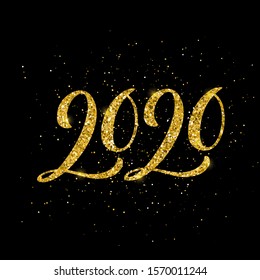Happy New 2020 Year greeting card with handdrawn lettering. Gold sparkling design. Vector illustration.