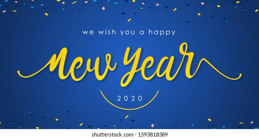 Happy new 2020 year. Handwriting typography with paper confetti on blue background. Minimalistic template. Banner design for New Year. Vector Illustration.