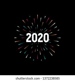 Happy New 2020 Year. Holiday vector illustration with festive typographic composition. New Year 2020 Label With Graphic Multicolored Firework Shape. Happy NYE Logo Design