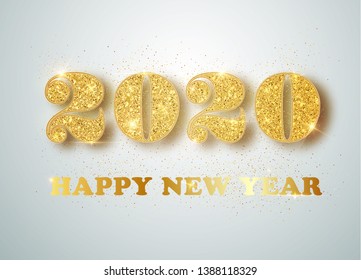 Happy New 2020 Year. Holiday vector illustration of golden metallic numbers 2020. Realistic sign. Festive poster or banner design.