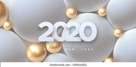 Happy New 2020 Year. Holiday vector illustration of white paper numbers 2019 and abstract balls or bubbles. 3d sign. Festive poster or banner design. Party invitation