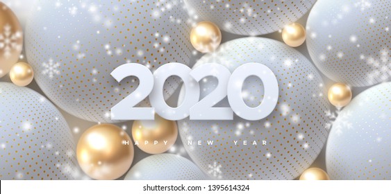 Happy New 2020 Year. Holiday vector illustration of white paper numbers 2019 and abstract balls or bubbles. Festive poster or banner design. Party invitation with falling snowflakes overlay texture