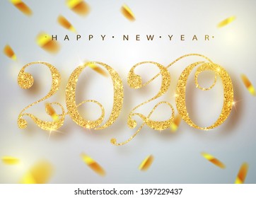 Happy New 2020 Year. Holiday vector illustration of golden metallic numbers 2020. Realistic sign. Festive poster or banner design.