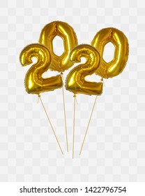 For Happy New 2020 Year holiday vector illustration of golden metallic balloon numbers 2020 isolated on transparency background. Realistic 3d sign. Festive poster or banner design