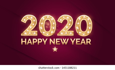 Happy new 2020 year! Holiday number design template with gold glitter effect.