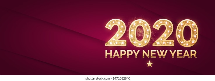 Happy new 2020 year! Holiday number design template with gold glitter effect.
