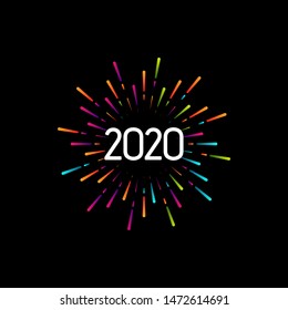 Happy New 2020 Year. Holiday vector illustration with festive typographic composition. New Year 2020 Label With Graphic Multicolored Firework Shape. Happy NYE Logo Design