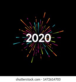 Happy New 2020 Year. Holiday vector illustration with festive typographic composition. New Year 2020 Label With Graphic Multicolored Firework Shape. Happy NYE Logo Design