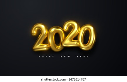 Happy New 2020 Year. Holiday vector illustration of golden metallic numbers 2020 on black background. Realistic 3d sign. Festive poster or banner design