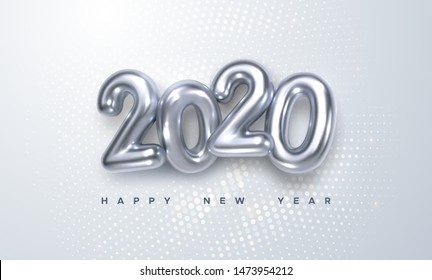 Happy New 2020 Year. Holiday vector illustration of silver metallic numbers 2020 and radial halftone pattern. Realistic 3d sign. Festive poster or banner design