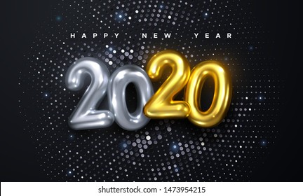 Happy New 2020 Year. Holiday vector illustration of silver metallic numbers 2019 and glittering halftone pattern. Realistic 3d sign. Festive poster or banner design