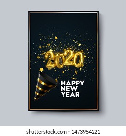 Happy New 2020 Year. Holiday poster template or festive party invitation design. Vector illustration. New Year event decoration of sparkling golden confetti particles, stars, party popper and numbers