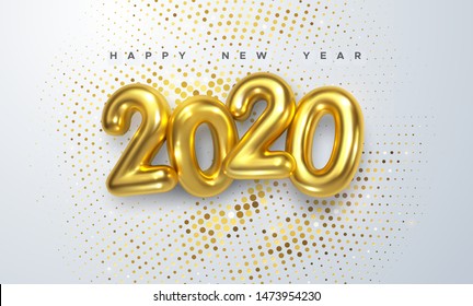 Happy New 2020 Year. Holiday vector illustration of golden metallic numbers 2020 and sparkling glitters pattern. Realistic 3d sign. Festive poster or banner design