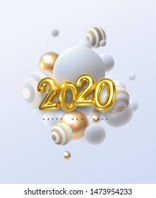 Happy New 2020 Year. Holiday vector illustration of golden metallic numbers 2020 and abstract balls or bubbles. Realistic 3d sign. Festive poster or banner design. Party invitation