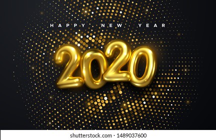 Happy New 2020 Year. Holiday vector illustration of golden metallic numbers 2020 and glittering halftone pattern. Realistic 3d sign. Festive poster or banner design