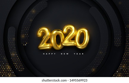 Happy New 2020 Year. Holiday vector illustration of golden metallic numbers 2020 and black paper shapes abstract background. Realistic 3d sign. Festive poster or banner design