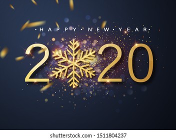 Happy New 2020 Year. Holiday vector illustration of golden metallic numbers 2020 and sparkling glitters pattern.Holiday greetings. 