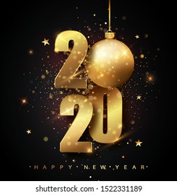 Happy New 2020 Year.  Holiday vector illustration of golden metallic numbers 2020. Gold Numbers Design of greeting card of Falling Shiny Confetti. New Year and Christmas posters