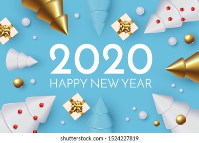 Happy New 2020 Year! Holiday greeting with 3D fir trees and snow. Christmas cute design.