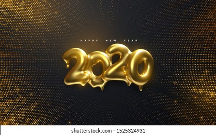 Happy New 2020 Year. Holiday vector illustration of golden metallic numbers 2020 on black background with glittering burst. Melted gold characters. Realistic 3d sign. Festive poster or banner design