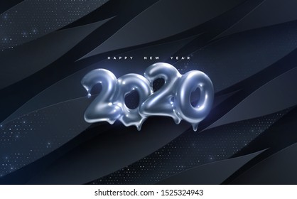 Happy New 2020 Year. Holiday vector illustration of silver metallic numbers 2020 on black paper cut background with glitters. Melted shiny characters. Realistic 3d sign. Festive poster, banner design
