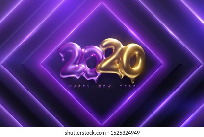 Happy New 2020 Year. Holiday vector illustration of golden and purple melted metallic numbers 2020 on neon geometric background. Realistic 3d sign. Festive poster or banner design