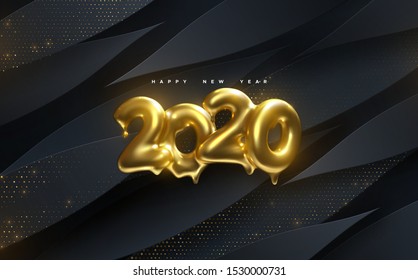Happy New 2020 Year. Holiday vector illustration of golden metallic numbers 2020 on black glittering paper cut background. Melted shiny characters. Realistic 3d sign. Festive poster, banner design