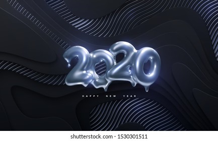 Happy New 2020 Year. Holiday vector illustration of silver metallic numbers 2020 on black paper cut background with wavy shimmering pattern. Melted gold characters. 3d sign. Festive banner design