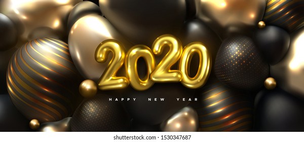 Happy New 2020 Year. Holiday vector illustration of golden 3d numbers 2020 and abstract shimmering balls or bubbles. 3d sign. Festive poster or banner design. Party invitation