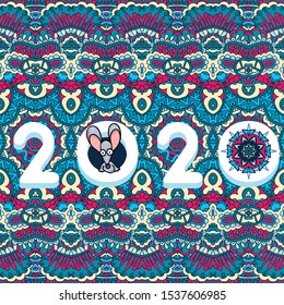 Happy New 2020 Year. Holiday vector illustration numbers 2020 with looking out cute Rat. Ethnic geometric seamless ornamental pattern. Happy new year poster . Year of the Rat banner design