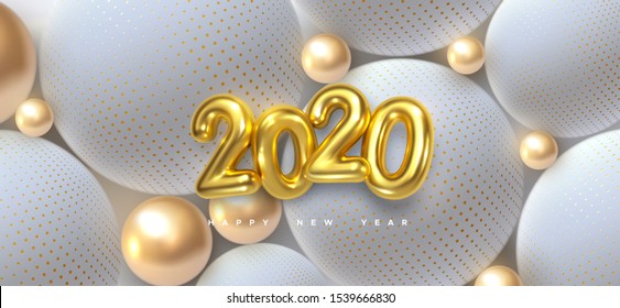 Happy New 2020 Year. Holiday vector illustration of golden 3d numbers 2020 and abstract shimmering balls or bubbles. 3d sign. Festive poster or banner design. Party invitation