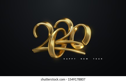 Happy New 2020 Year. Holiday vector illustration of golden metallic calligraphic numbers 2020. Realistic 3d sign. Festive poster or banner design. Modern lettering composition